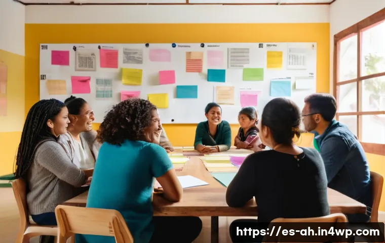 협동조합의 인적 자원 관리 방법 - A warm and inclusive cooperative meeting room in a Latin American community center, featuring divers...