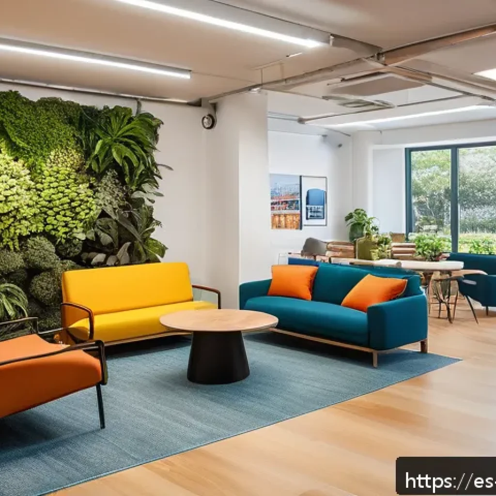 협동조합의 직원 복지 및 만족도 향상 - A vibrant office break area in a Latin American cooperative setting, featuring diverse employees rel...