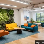Home 19 협동조합의 직원 복지 및 만족도 향상 - A vibrant office break area in a Latin American cooperative setting, featuring diverse employees rel...