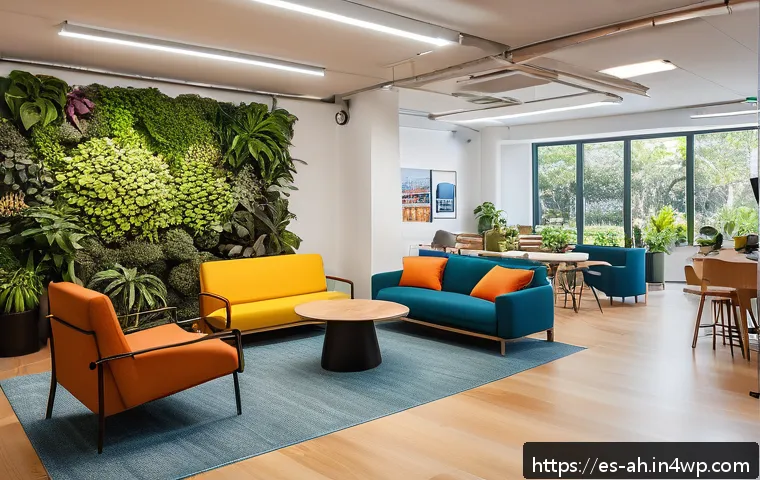 협동조합의 직원 복지 및 만족도 향상 - A vibrant office break area in a Latin American cooperative setting, featuring diverse employees rel...