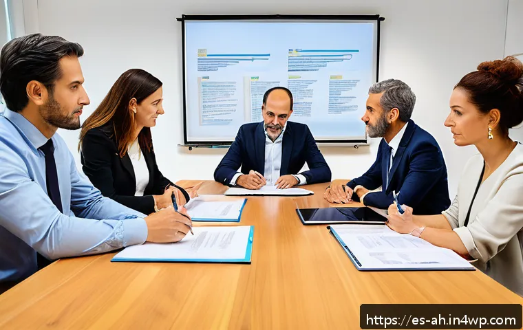 협동조합 창업 시 필요한 자료 및 리소스 - A detailed and professional scene of a diverse group of cooperative members in a modern meeting room...