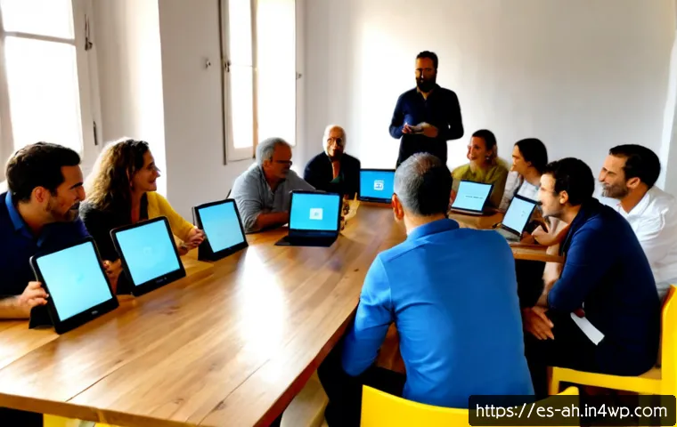 Home 17 협동조합 운영을 위한 기술 활용 - Photorealistic community cooperative meeting in a bright modern workspace in Spain, diverse adult me...