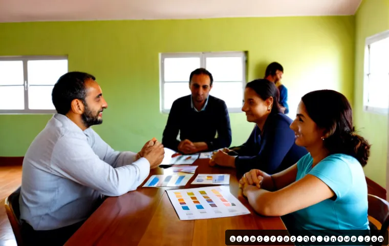 협동조합의 운영 성과와 개선 방안 - Photorealistic cooperative business meeting in a bright community center in a Spanish-speaking town,...